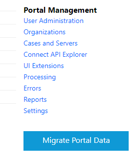 The Portal Management menu showing the Migrate Portal Data button beneath it.